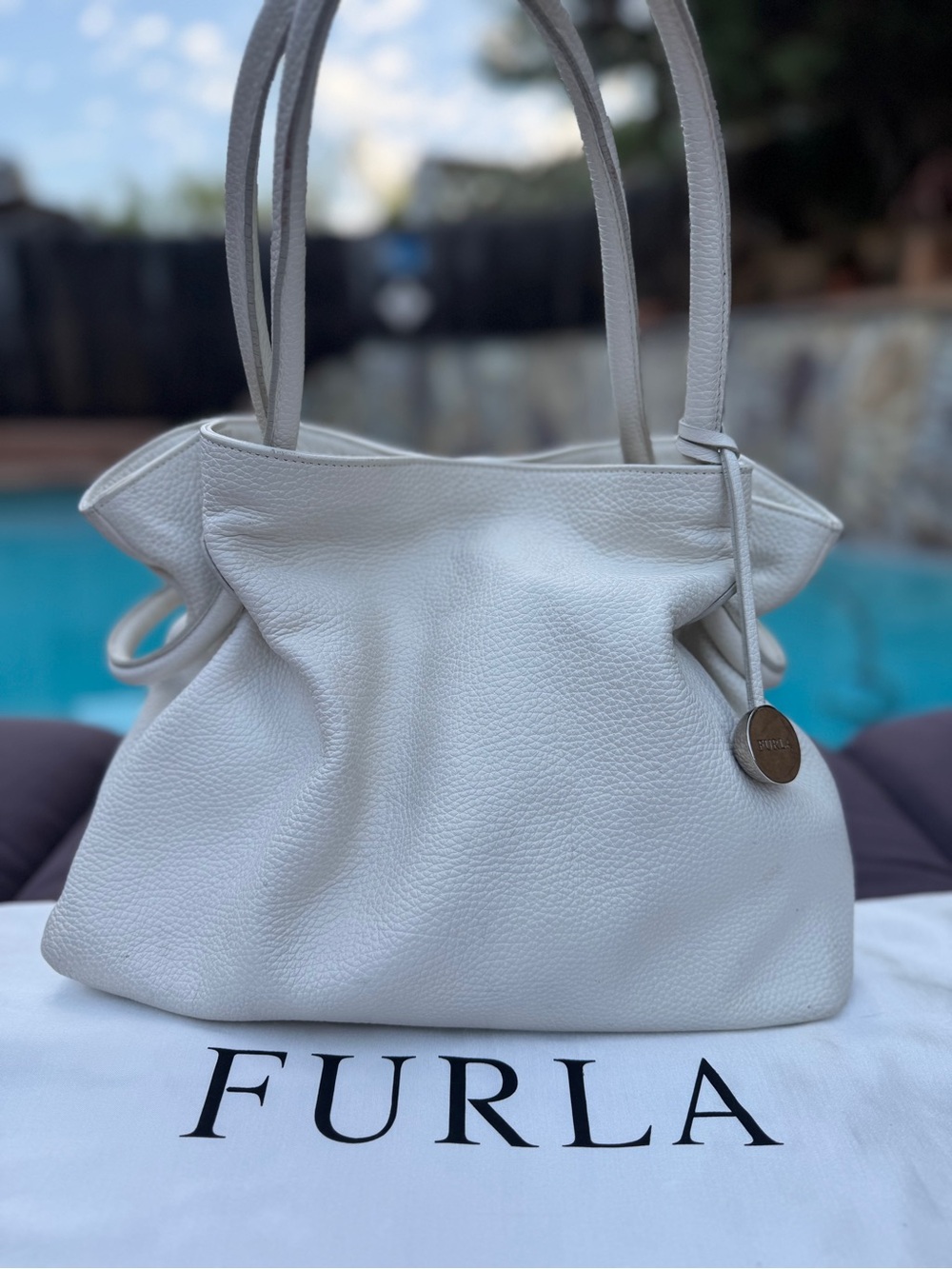 Furla Costanza Pebbled Leather Drawstring Tote White Ivory Shoulder Bag VGUC
